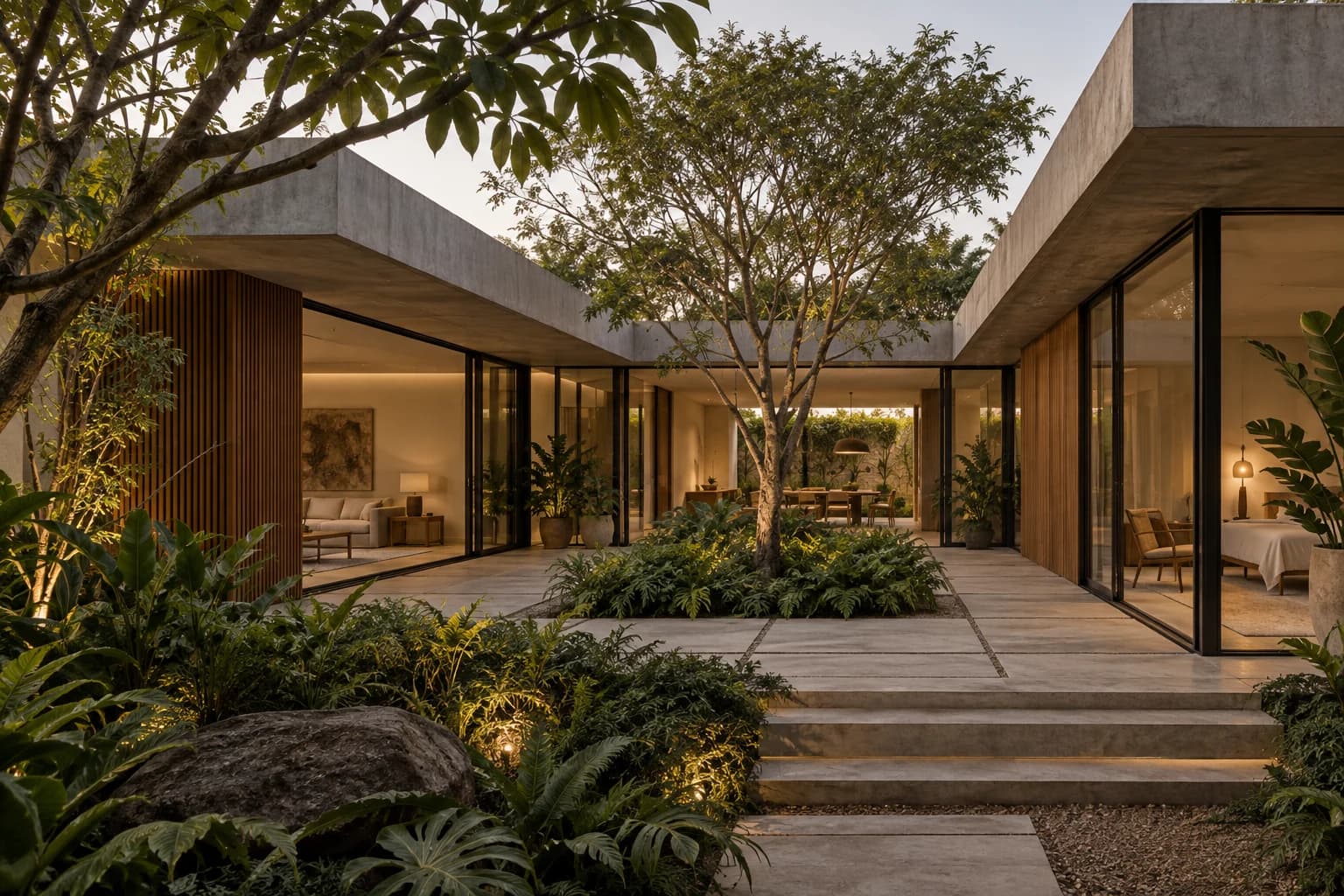 Casa Pátio — render ilustrativo de estudo conceitual, não executado.