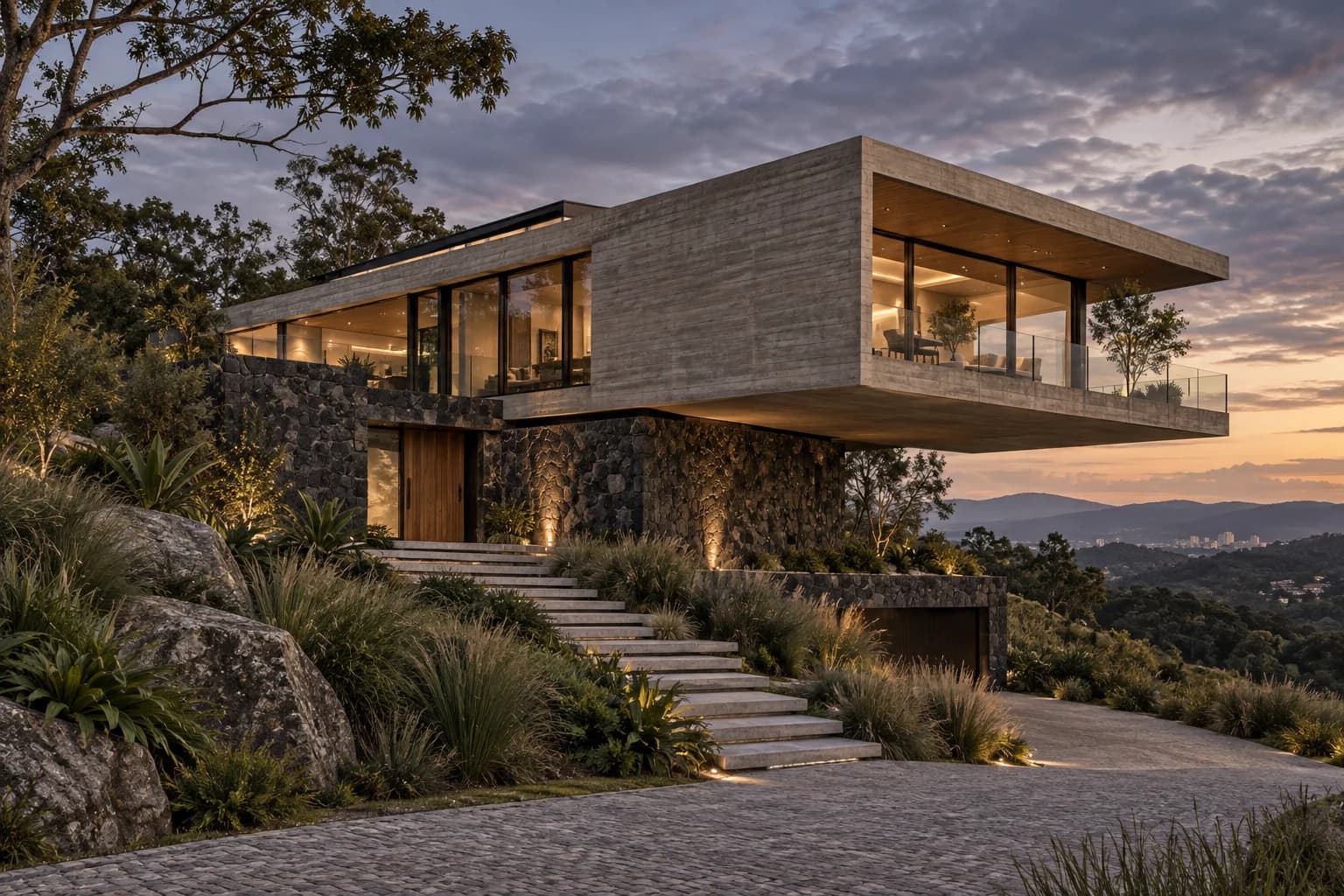 Render conceitual da Casa Vértice, com pedra natural, concreto, vidro, metal.